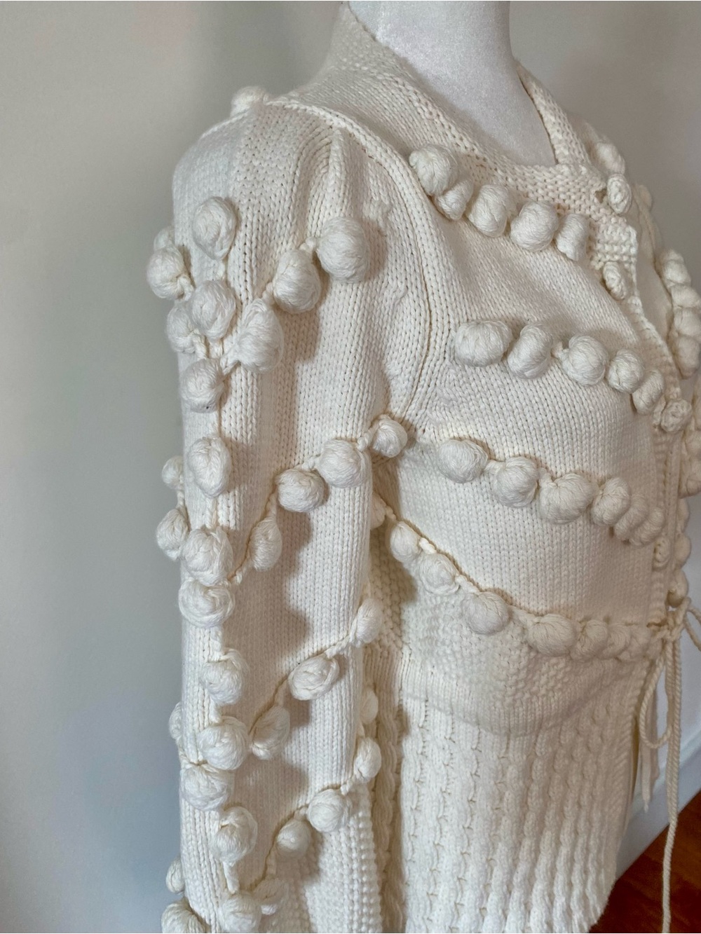 Vita Grace Ivory Bobble Knit Cardigan Balloon Sleeve Tie Waist Cotton M - Picture 3 of 16
